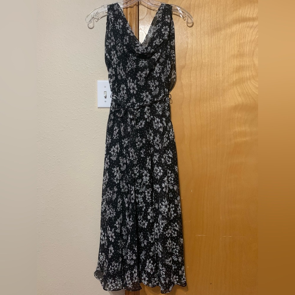 Roz & Ali draped black floral cowl neck dress